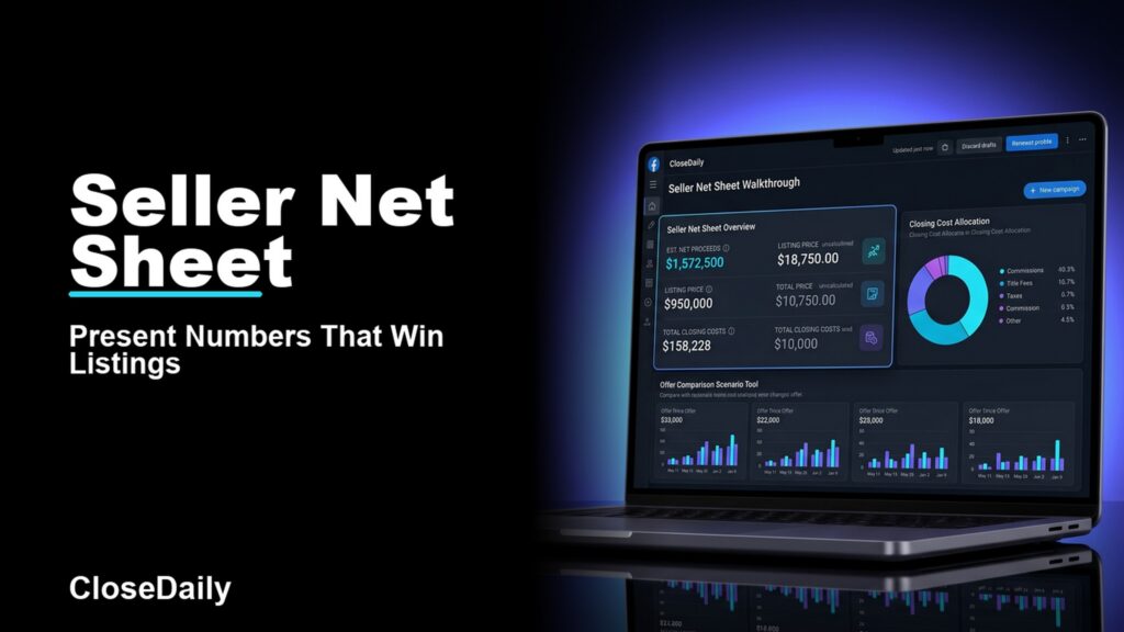 Seller Net Sheet featured image with a dark real estate technology dashboard and CloseDaily branding