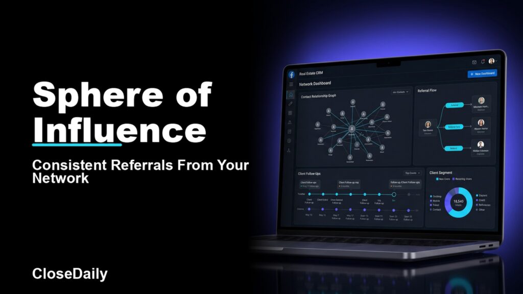 Sphere of influence featured image with dark CRM network dashboard and CloseDaily branding