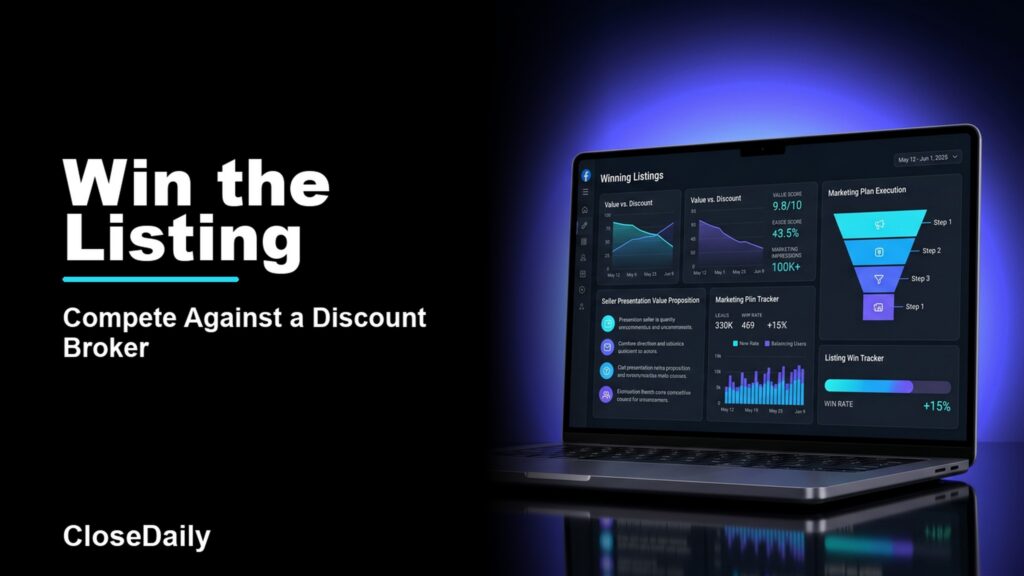 Win the Listing featured image with a dark real estate technology dashboard and CloseDaily branding
