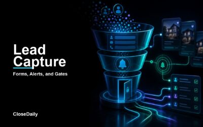 Real estate lead capture visual showing visitor dots flowing through forms property alerts and signup gates into contacts