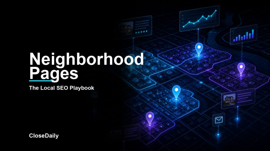 Real estate neighborhood pages local SEO visual with neighborhood map search signals and lead capture nodes