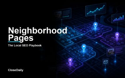 Real estate neighborhood pages local SEO visual with neighborhood map search signals and lead capture nodes