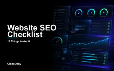 Real estate website SEO checklist visual with audit tiles Core Web Vitals gauges schema and search visibility signals