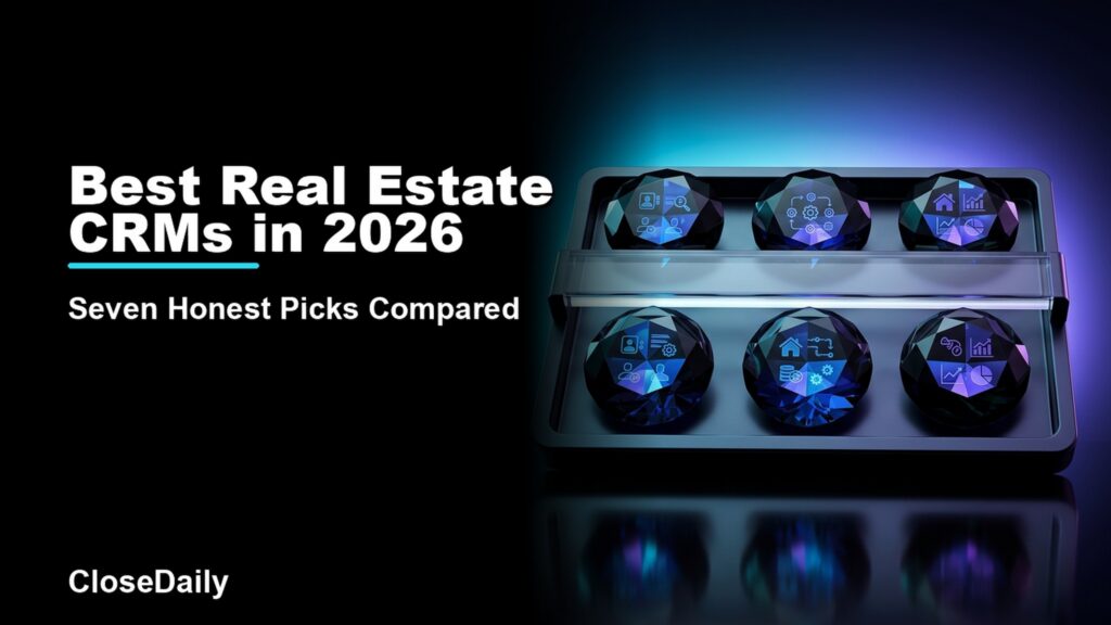 Best Real Estate CRMs in 2026 featured image with seven CRM gems in a grading tray and CloseDaily branding