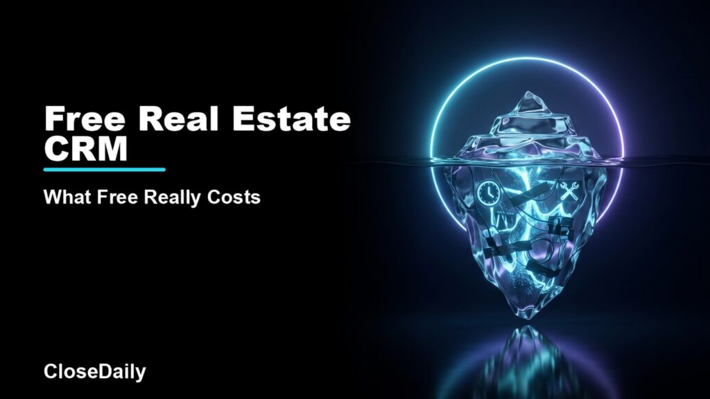 Free Real Estate CRM featured image with free-tier iceberg and hidden cost layers and CloseDaily branding