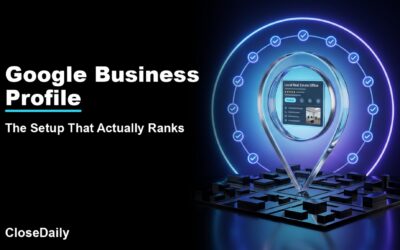 Google Business Profile featured image with map pin storefront and launch checklist ring and CloseDaily branding