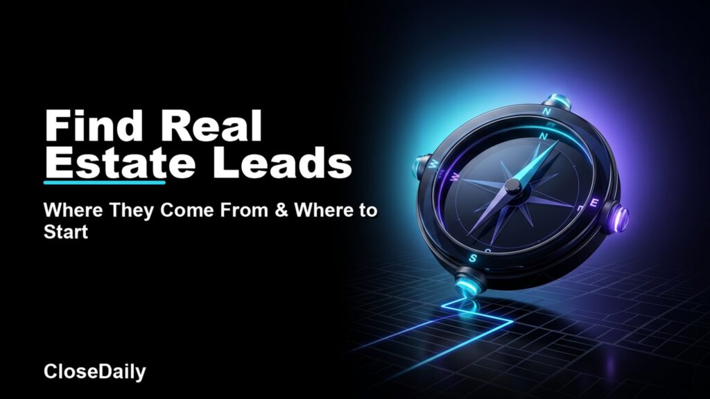 Find Real Estate Leads featured image with lead-source compass and map paths and CloseDaily branding