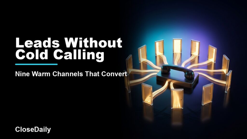 Leads Without Cold Calling featured image with nine warm-channel doorways and silent handset and CloseDaily branding