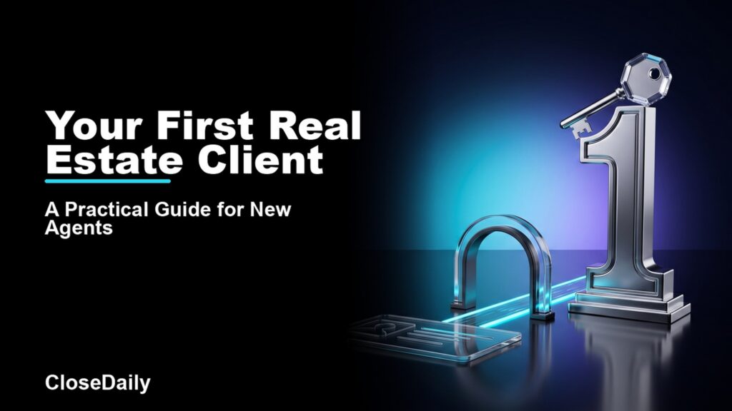 Your First Real Estate Client featured image with number-one milestone and house key and CloseDaily branding