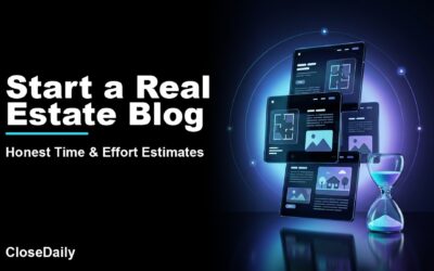 Start a Real Estate Blog featured image with editorial publishing tower and glass hourglass and CloseDaily branding