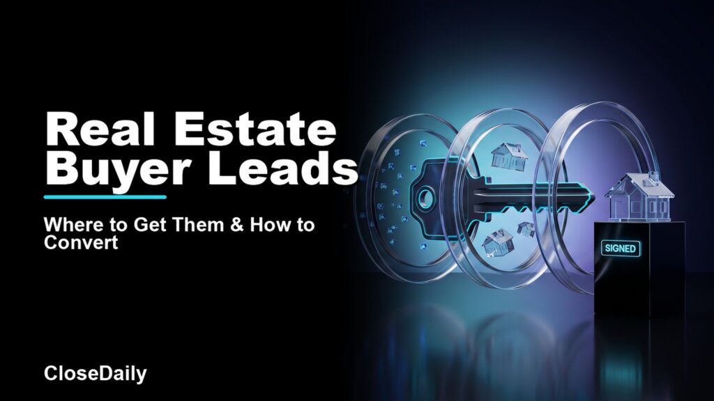 Real Estate Buyer Leads featured image with buyer journey key and property rings and CloseDaily branding
