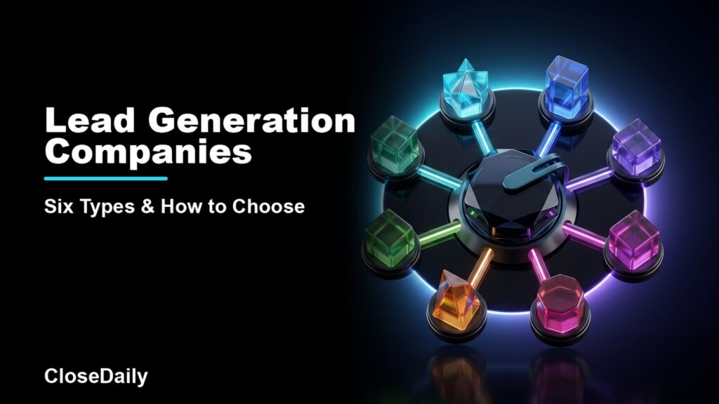 Lead Generation Companies featured image with six provider pylons and selection dial and CloseDaily branding