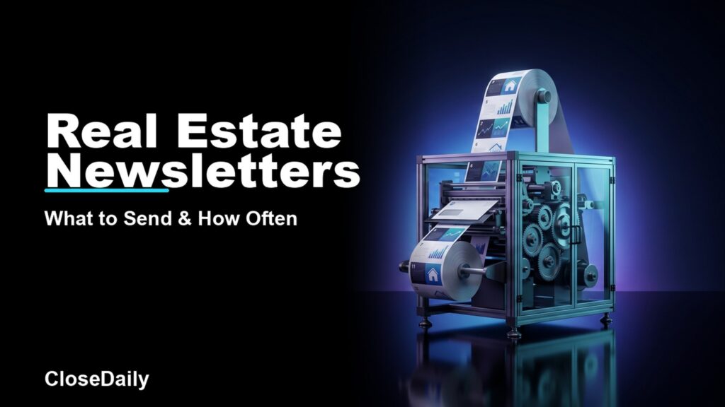 Real Estate Newsletters featured image with monthly envelope press and cadence ribbon and CloseDaily branding