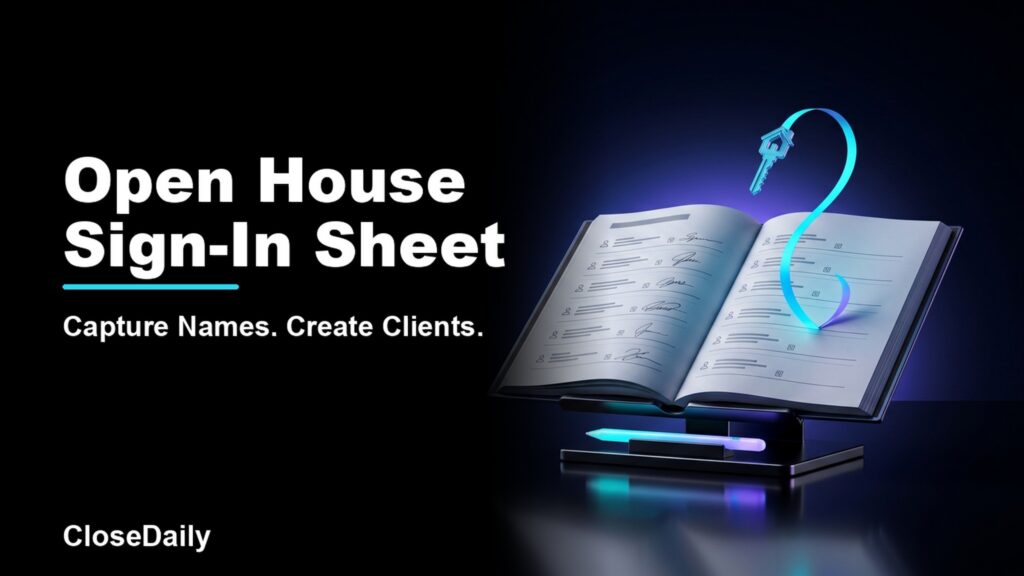 Open House Sign-In Sheet featured image with premium guestbook and follow-up ribbon and CloseDaily branding