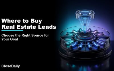 Where to Buy Real Estate Leads featured image with lead-source marketplace carousel and CloseDaily branding